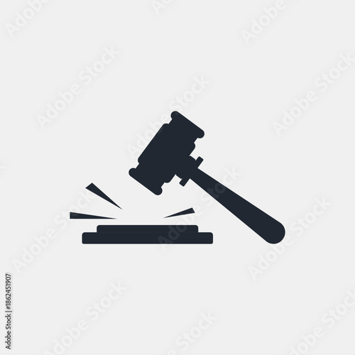 Minimalist black gavel vector icon representing legal authority, courtroom judgment, auction bidding, and justice system. Judge gavel hitting sound block icon, law and justice auction symbol