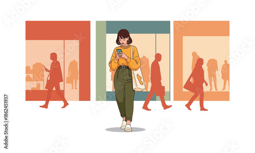 A young woman in casual clothing walks through a shopping mall, engrossed in her smartphone, while blurred figures of other shoppers pass by.