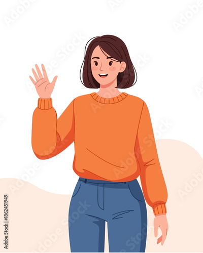 Cartoon illustration of a smiling young woman with short brown hair, wearing an orange sweater and blue jeans, waving her hand.