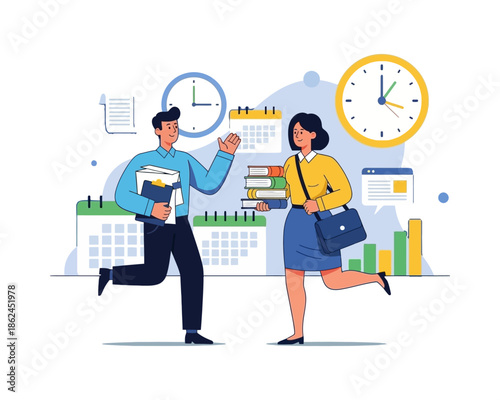 Two colleagues rushing to meet a deadline, surrounded by clocks and calendars, symbolizing time management and work pressure.