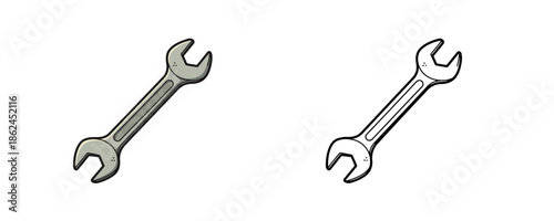 Double open-ended wrench in cartoon style with silver metallic texture on white background used for mechanical repair industrial maintenance construction or household DIY tasks