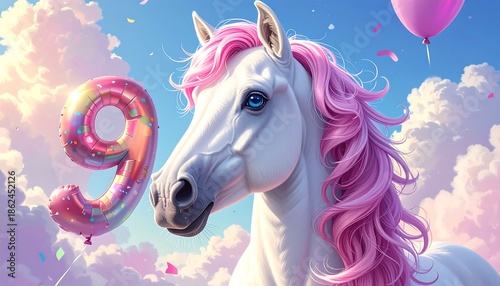 Whimsical illustration of a horse with pink mane, balloons, and clouds