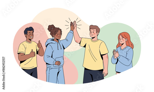 Four diverse young people celebrating success and teamwork with high-fives, thumbs-up, and clapping, showing support and positive interaction.