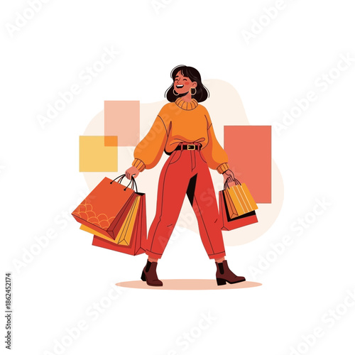 A happy woman walking with multiple shopping bags after a successful retail therapy session.