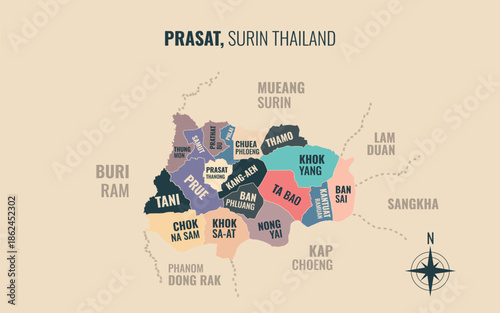 Map showing Prasat District Surin Thailand divided into sub districts with minimalist colorful patterns