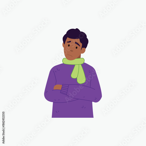 Pensive young man in purple sweater and green scarf thinking with arms crossed. Flat vector illustration of a confused male character isolated on white