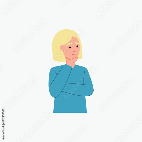 Thoughtful young woman with blonde hair thinking and feeling uncertain. Flat vector illustration of a pensive female character with hand on chin isolated on white background