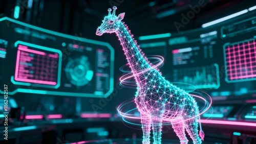 Futuristic wireframe giraffe in digital environment