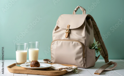 Minimal still life with beige backpack, wooden tray, milk glasses, small dessert and neutral background in soft natural light