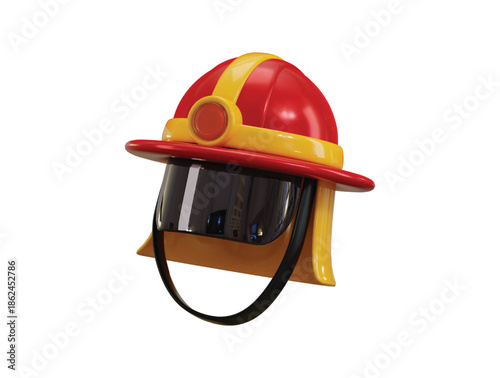 Firefighter helmet with face shield and light icon 3d render concept of red plastic fire hat for fireman safety. Hardhat to protect head and neck icon vector illustration