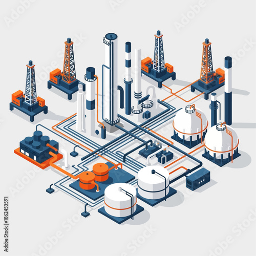 Isometric illustration of an oil refinery or chemical plant with drilling rigs, storage tanks, and interconnected pipelines.