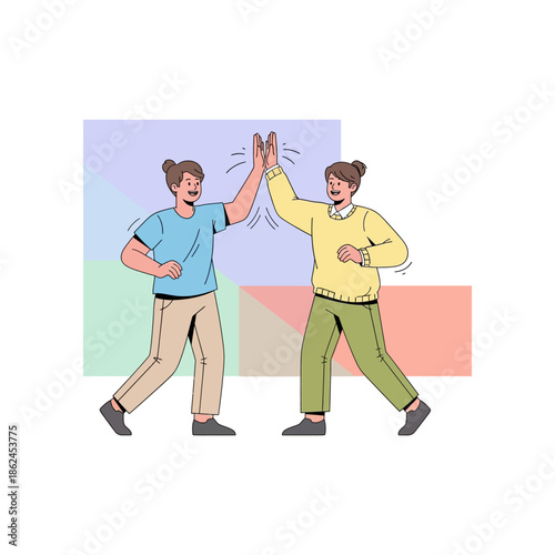 Two happy people giving a high-five, celebrating success or friendship in a flat illustration style with abstract background.