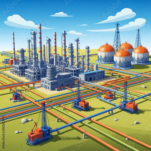 Vibrant cartoon illustration of an oil refinery and drilling operations with storage tanks and a complex network of pipelines under a clear blue sky.