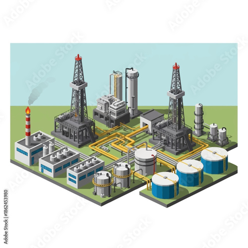 Isometric illustration of an oil refinery complex with various industrial structures.