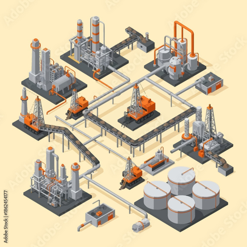 Isometric illustration of an extensive industrial complex featuring oil drilling rigs, refinery towers, storage tanks, and interconnected pipelines for processing and transport.