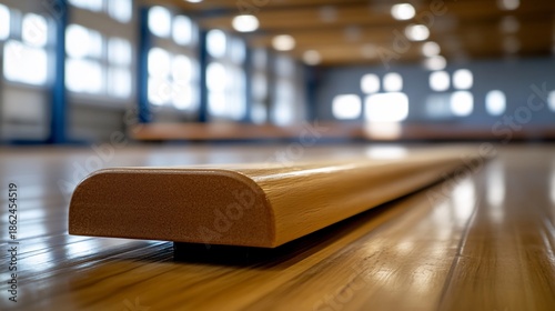 Close-up of a wooden balance beam in a gymnasium training space