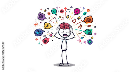Overwhelmed Person with Brain Amidst Chaotic Colorful Thoughts and Musical Notes