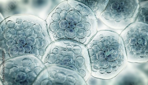 Close-up of human cells dividing and multiplying in a biological process.
