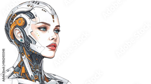 Close up of a Futuristic Female Cyborg with Human Features and Visible Mechanical Components