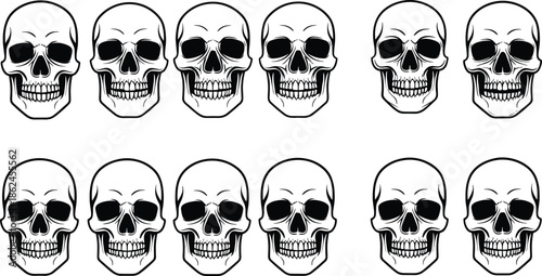 Row of Twelve Detailed Human Skulls for Tattoo, Gothic, Halloween, or Vintage Motorcycle and Biker Design.