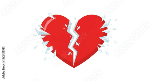 Heartbreak illustrated with a vivid red heart split into two, with fragments of ice symbolizing the coldness and pain of a broken relationship or emotional loss
