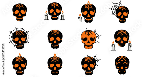 Halloween Skull Icons Spooky Orange and Black Designs with Cobwebs and Candles