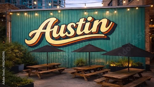 Austin Mural with Outdoor Patio Seating and Energetic Camera Dolly Move