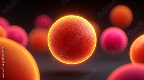 Glowing orbs in a vibrant display, exuding energy and dynamic movement. The orange orb glows brightly while other colored spheres add complexity