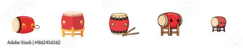 Chinese Drum Traditional Lunar Festival Red Flat Vector Icon Illustration Set