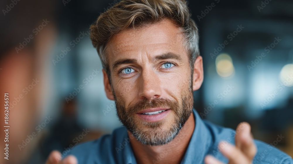 Fototapeta premium Close up of a man looking friendly and confident with a casual but professional style