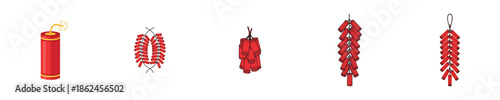 Chinese Firecracker Lunar Festival Traditional Red Flat Vector Illustration Icon Set