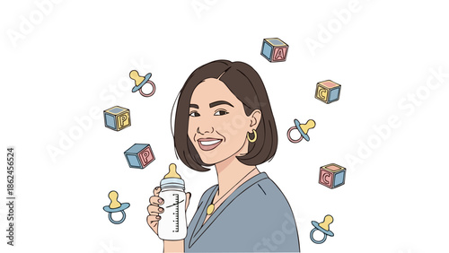 Happy Mother Holding Baby Bottle Surrounded by Pacifiers and Building Blocks Illustration