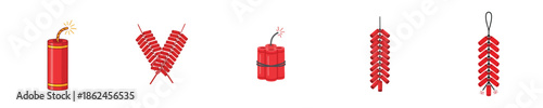 Chinese Firecracker Lunar New Year Traditional Red Flat Vector Icon Collection