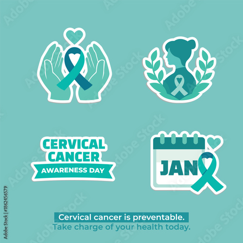 Cervical Cancer Awareness Day Teal Ribbon Icon Set