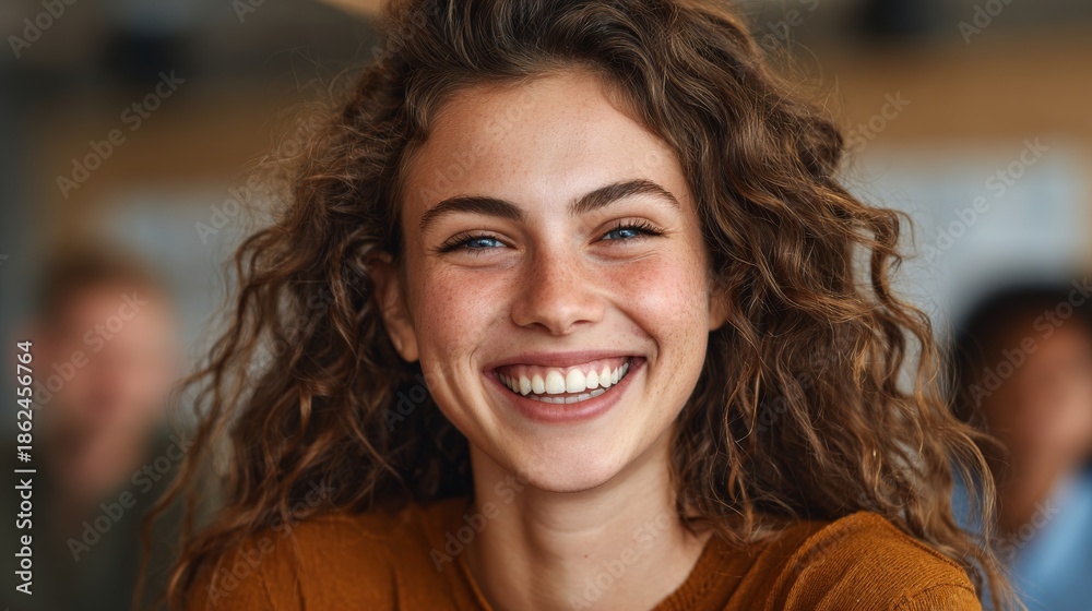 Fototapeta premium A close-up shot of a beautiful young woman with a radiant smile and curly hair, capturing pure happiness and joy