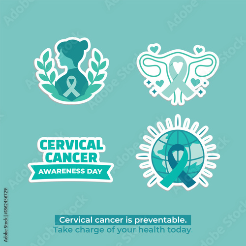 Cervical Cancer Awareness Day Teal Ribbon Icon Set