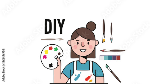 Creative Young Woman with Paint Palette and Brushes DIY Art Project Fun