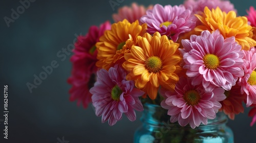 A vibrant bouquet of colorful flowers in a blue glass vase, capturing beauty and elegance. The arrangement includes orange and pink hues, creating a visually appealing display