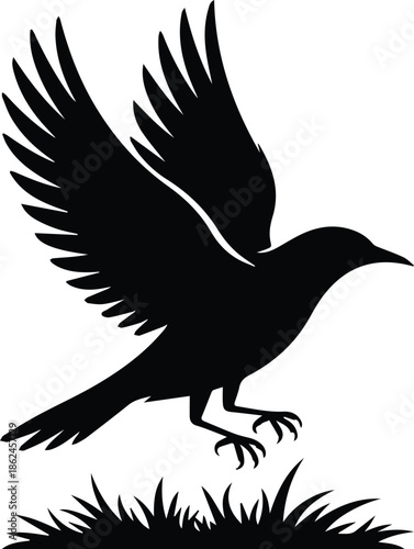 Minimalist black bird taking off from the ground silhouette vector icon