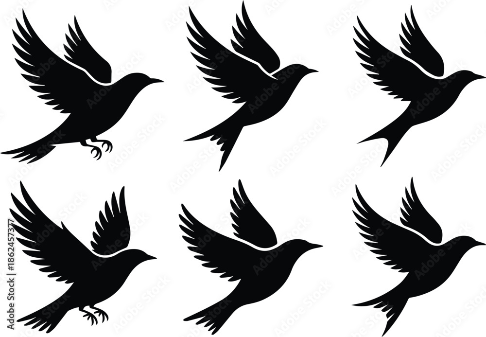 Fototapeta premium Set of Minimalist black bird flying upward for freedom silhouette vector icon
