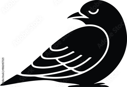 Minimalist black bird resting with folded wings peaceful silhouette vector icon