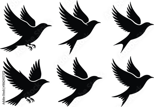 Set of Minimalist black bird flying upward for freedom silhouette vector icon