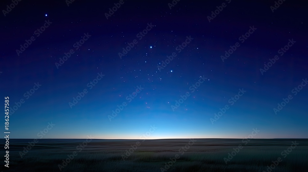 Fototapeta premium Serene Night Sky Over Wide Open Grassland Under Starry Heaven at Dusk with Gentle Blue and Black Gradient Horizon