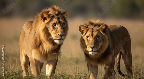 Two majestic lions standing in the savanna grassland with warm sunlight