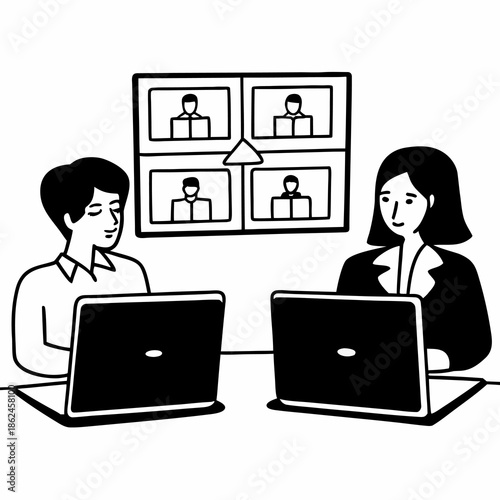 Line Art Flat Vector Illustration of Two Business People Collaborating Online