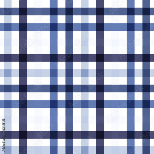 A seamless plaid pattern featuring a classic and modern check design in deep navy blue, light blue, and cream tones.