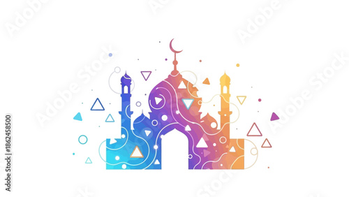 Vibrant illustration of a mosque with colorful geometric patterns and shapes