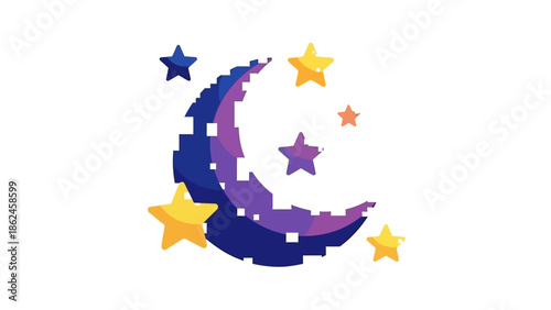 A colorful pixel art illustration of a crescent moon surrounded by vibrant stars in a night sky scene.