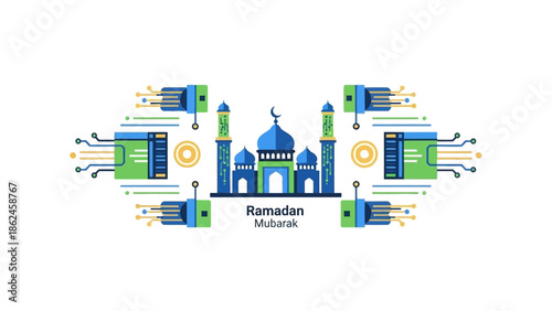 The beautiful mosque stands tall in a cultural landscape surrounded by vibrant illustrations and symbolic elements during Ramadan celebrations.