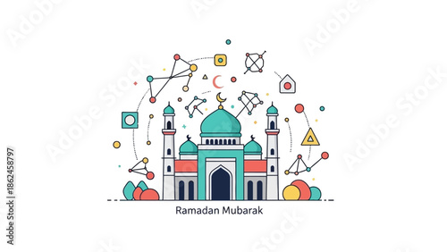 A vibrant illustration depicts a mosque surrounded by colorful geometric shapes and symbols celebrating Ramadan.